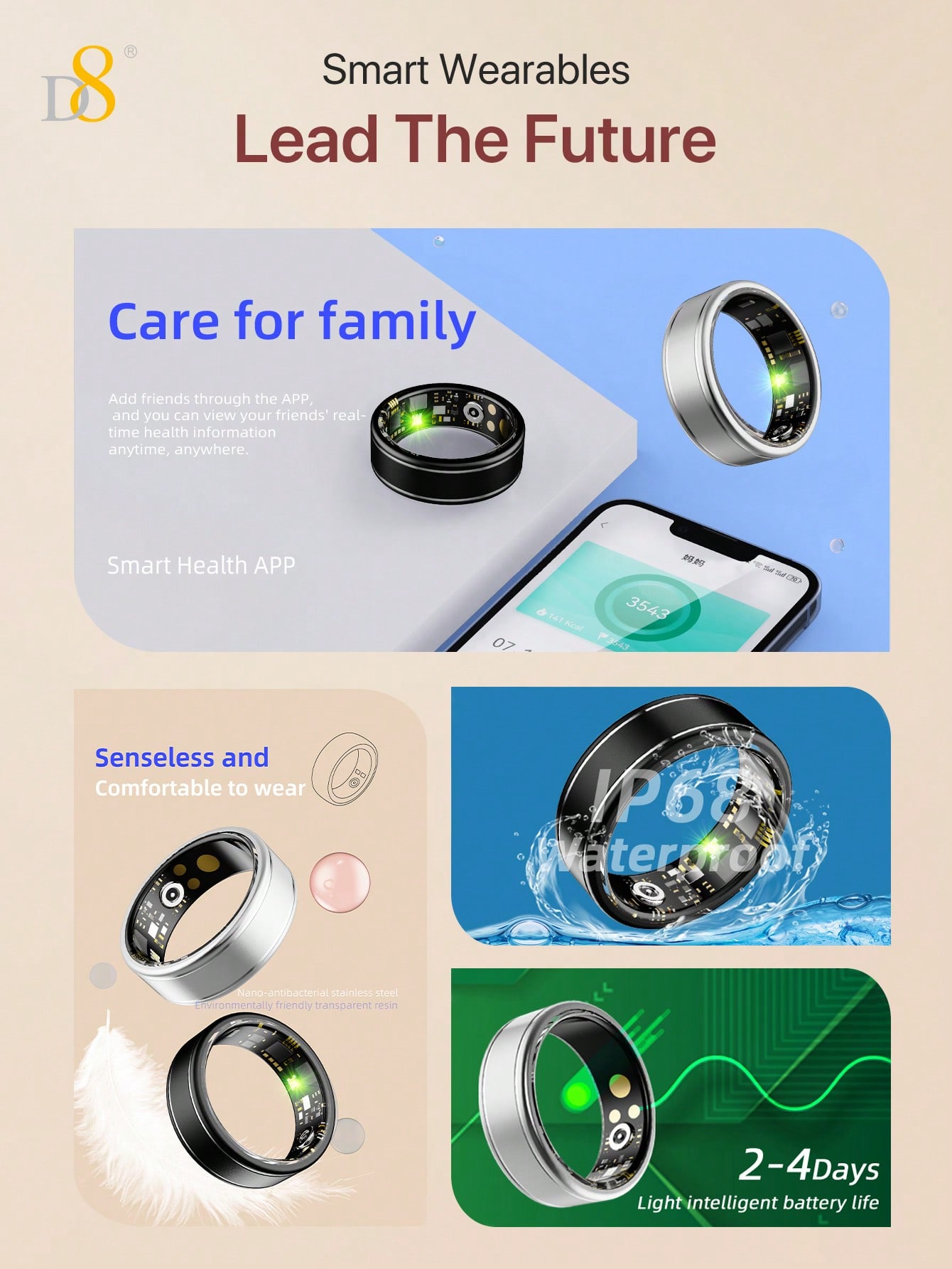 D8 Smart Ring Fitness Tracker  - Smart Ring Step Calorie Fitness Monitor recension och pris